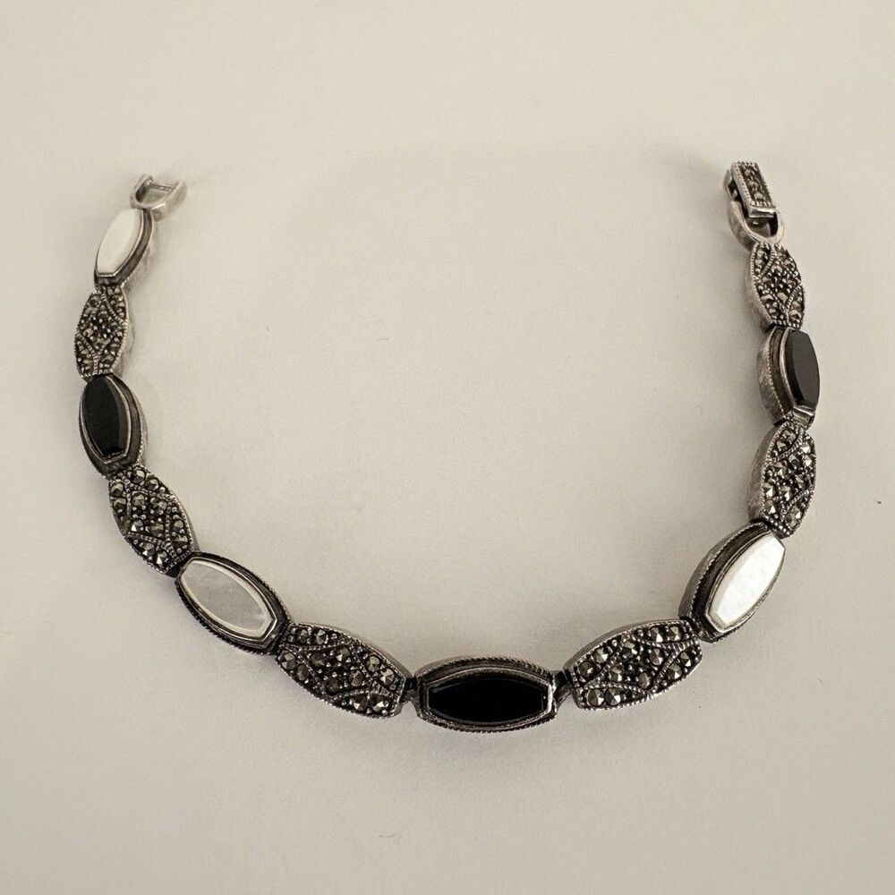 Vintage 925 Sterling Silver Black Onyx Oval Chain Bracelet Box Clasp 7.5 Inches